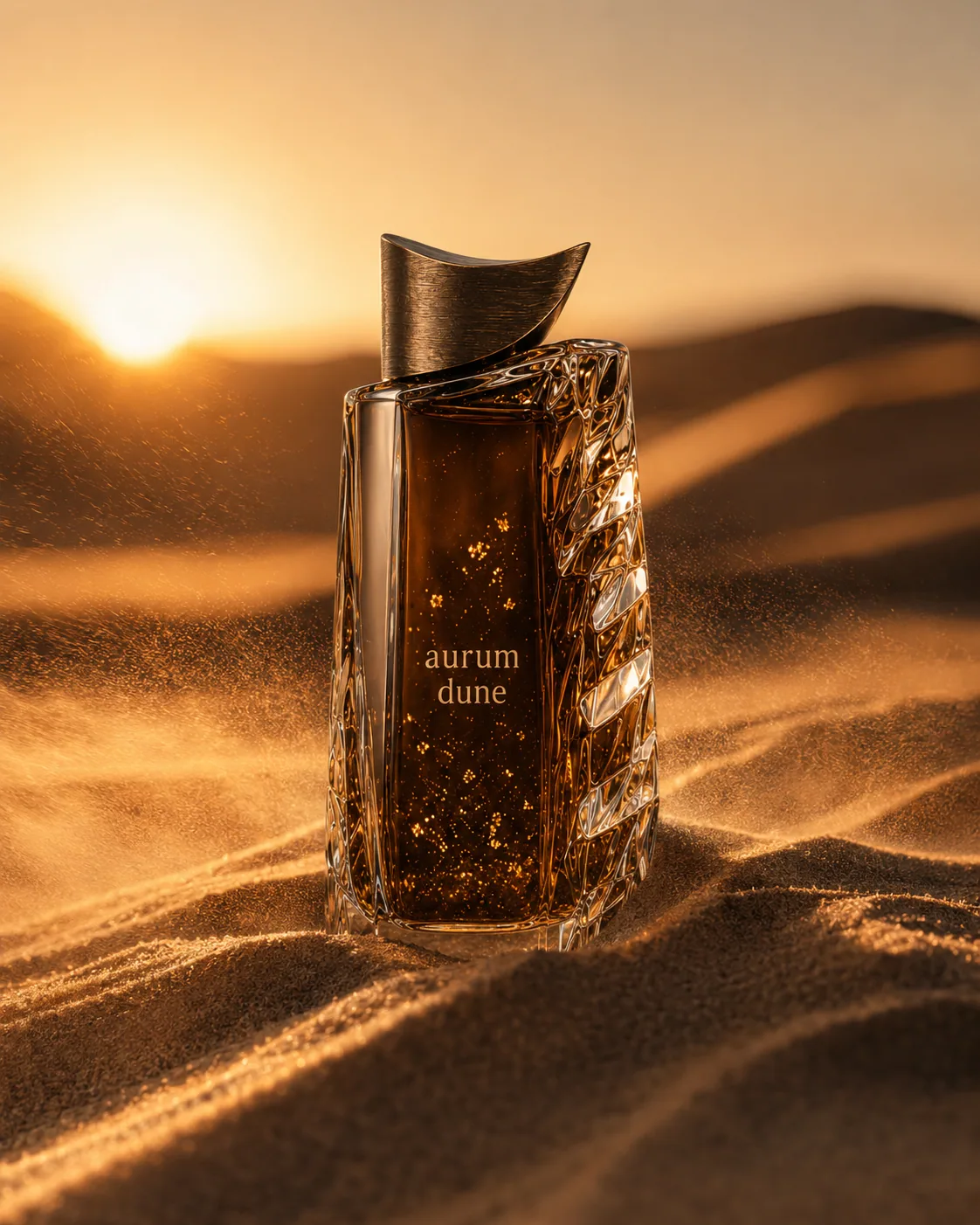 Aurum Dune fragrance bottle standing in desert sand at sunset