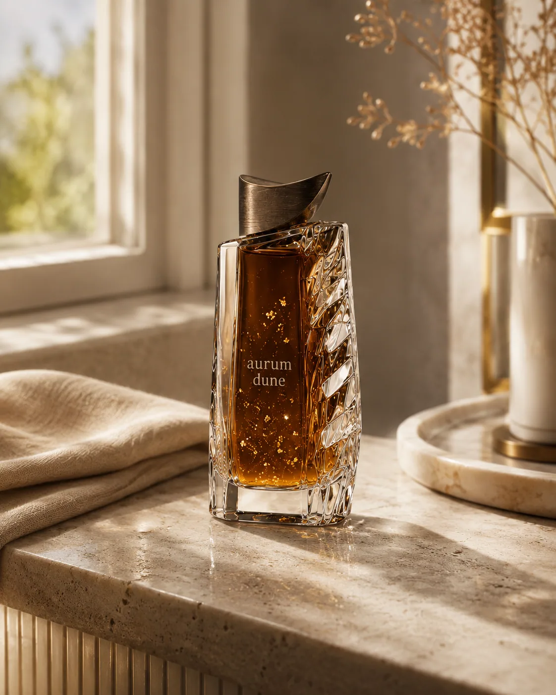 Aurum Dune fragrance bottle on a bright interior ledge near a window