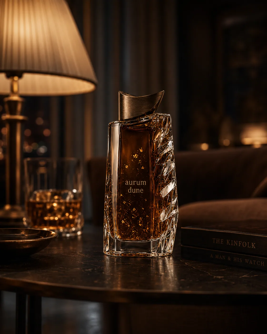 Aurum Dune fragrance bottle in a warm evening interior beside a glass