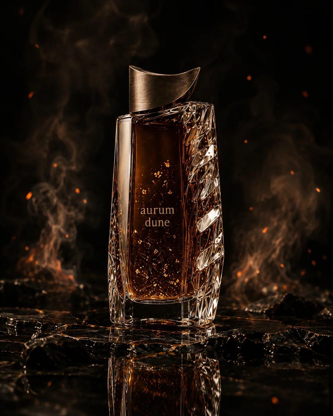 Aurum Dune fragrance bottle in amber smoke and dramatic lighting