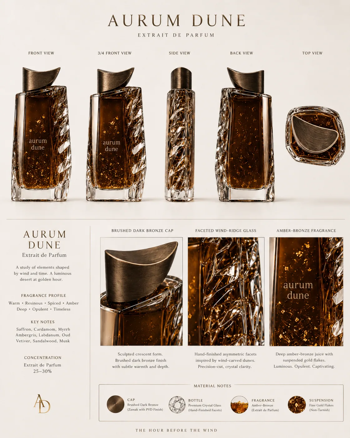 Aurum Dune reference sheet with bottle angles, texture details, and campaign notes
