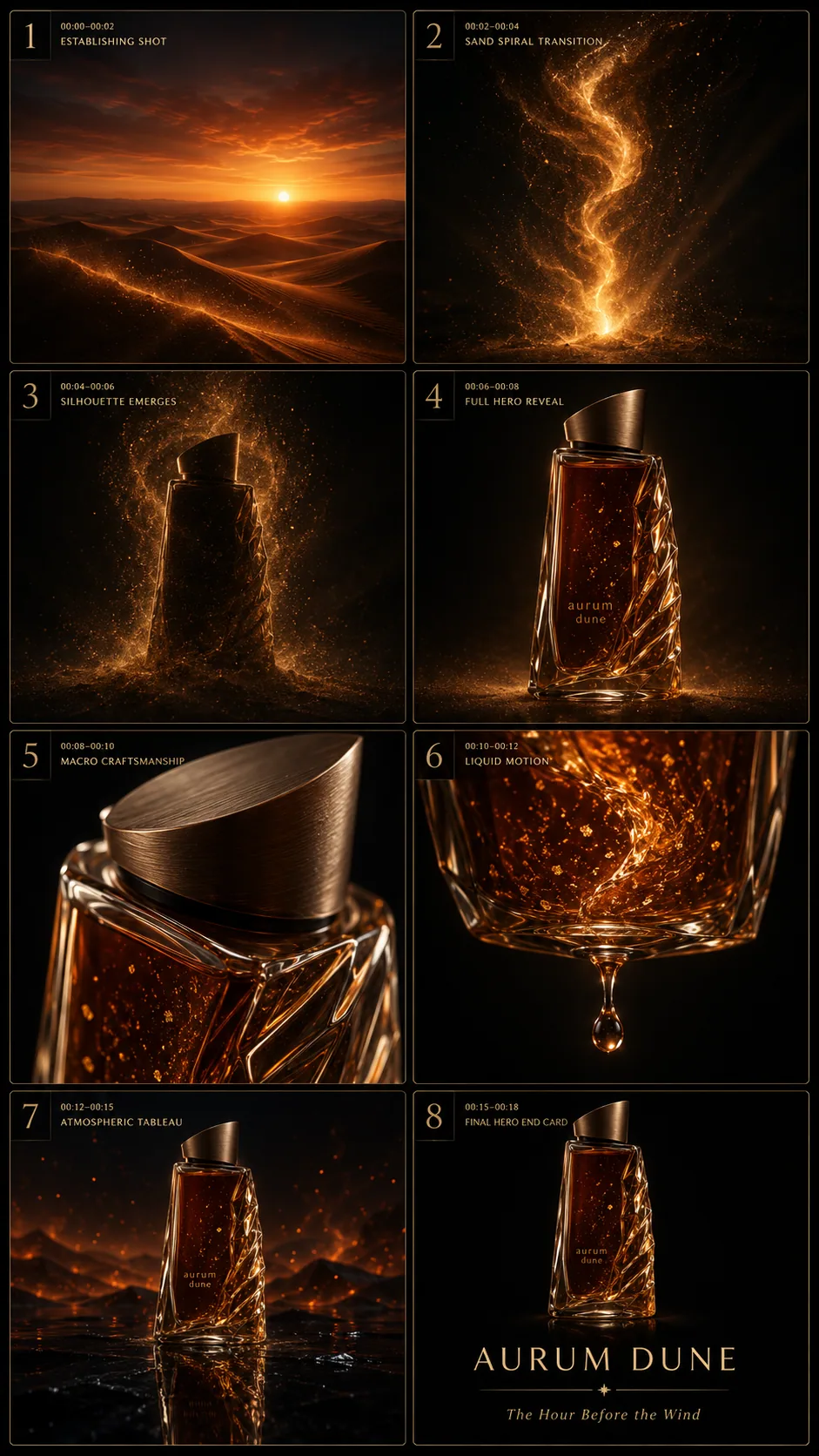 Aurum Dune storyboard with desert heat, smoke, and fragrance reveal frames
