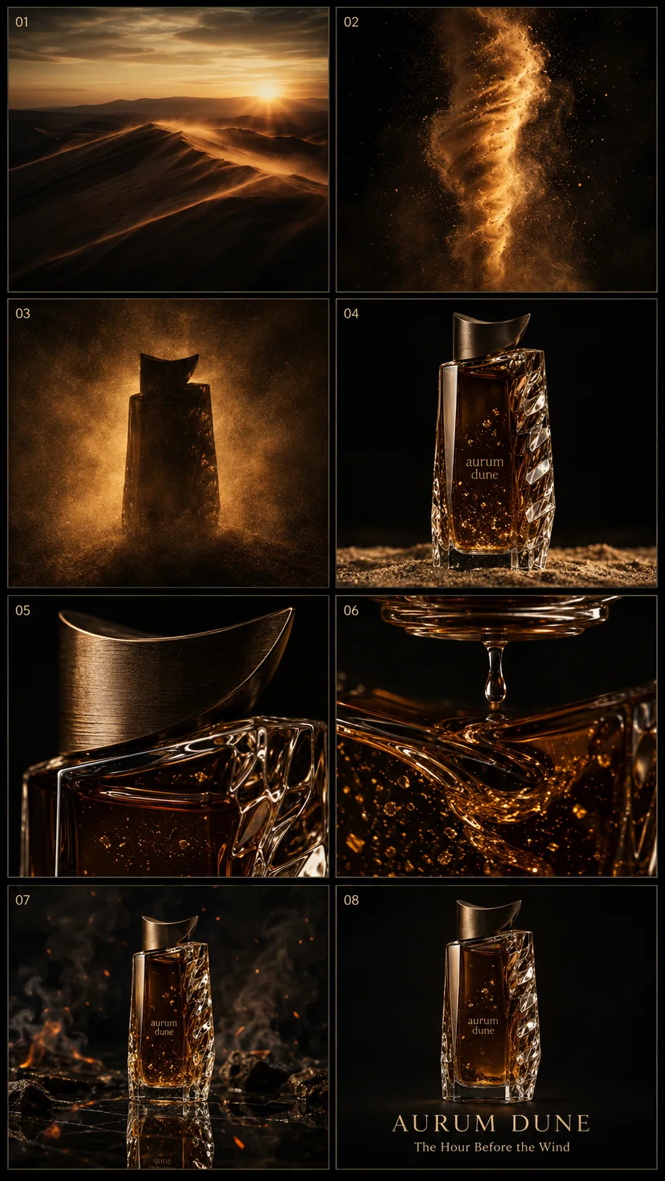 Aurum Dune storyboard showing amber fragrance bottle details and cinematic reveals