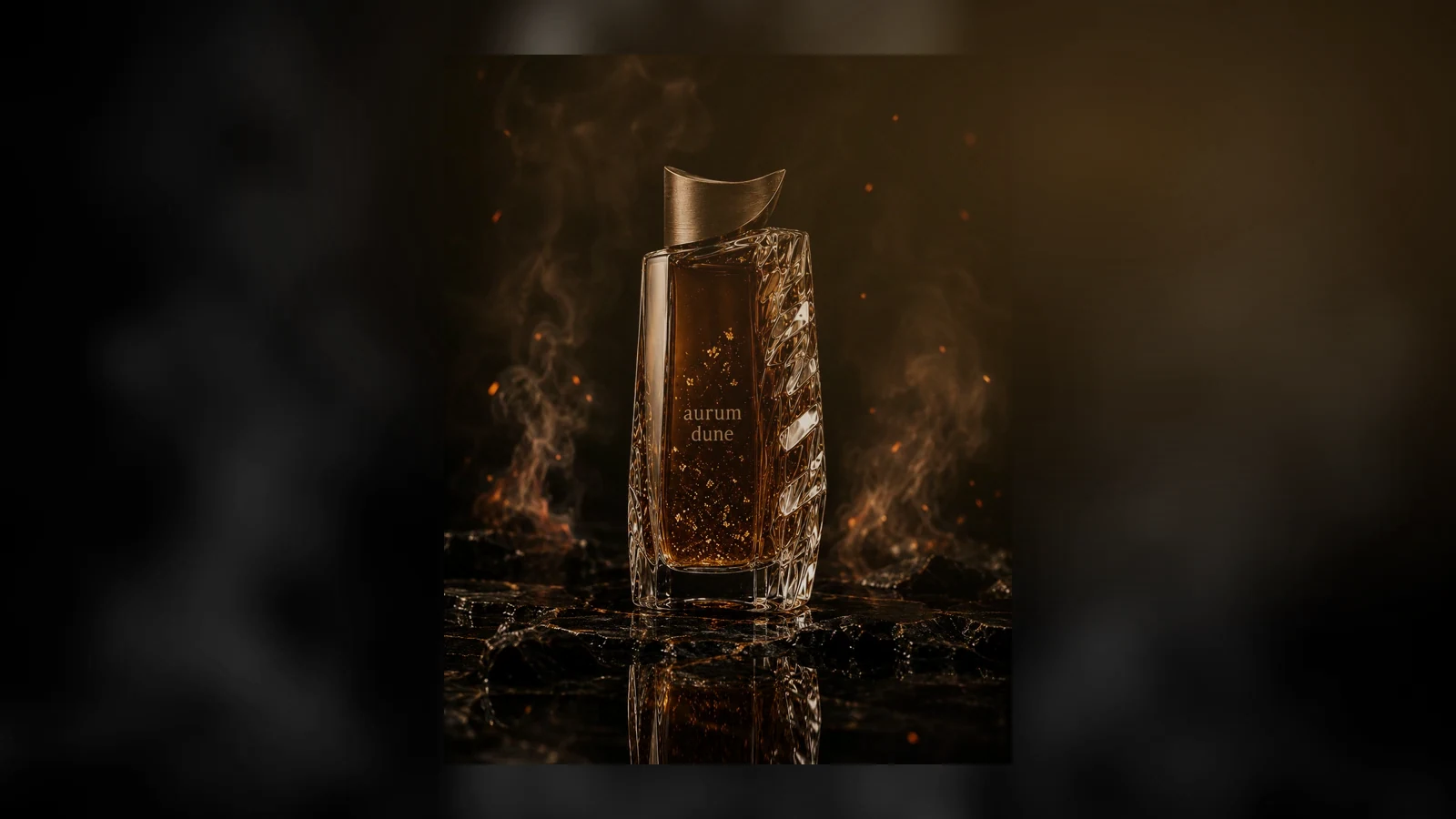Aurum Dune fragrance thumbnail with amber bottle and cinematic smoke
