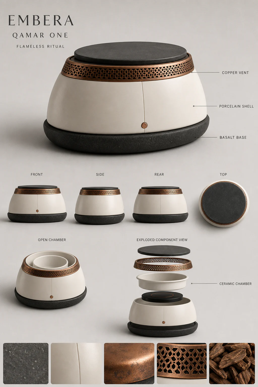 EMBERA Qamar One reference sheet showing the diffuser, chamber, lid, heater, and material palette