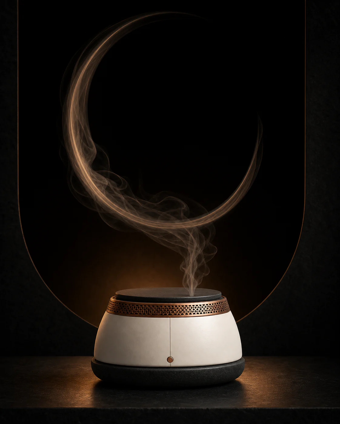 EMBERA Qamar One diffuser centered in darkness beneath a sculptural curl of vapor