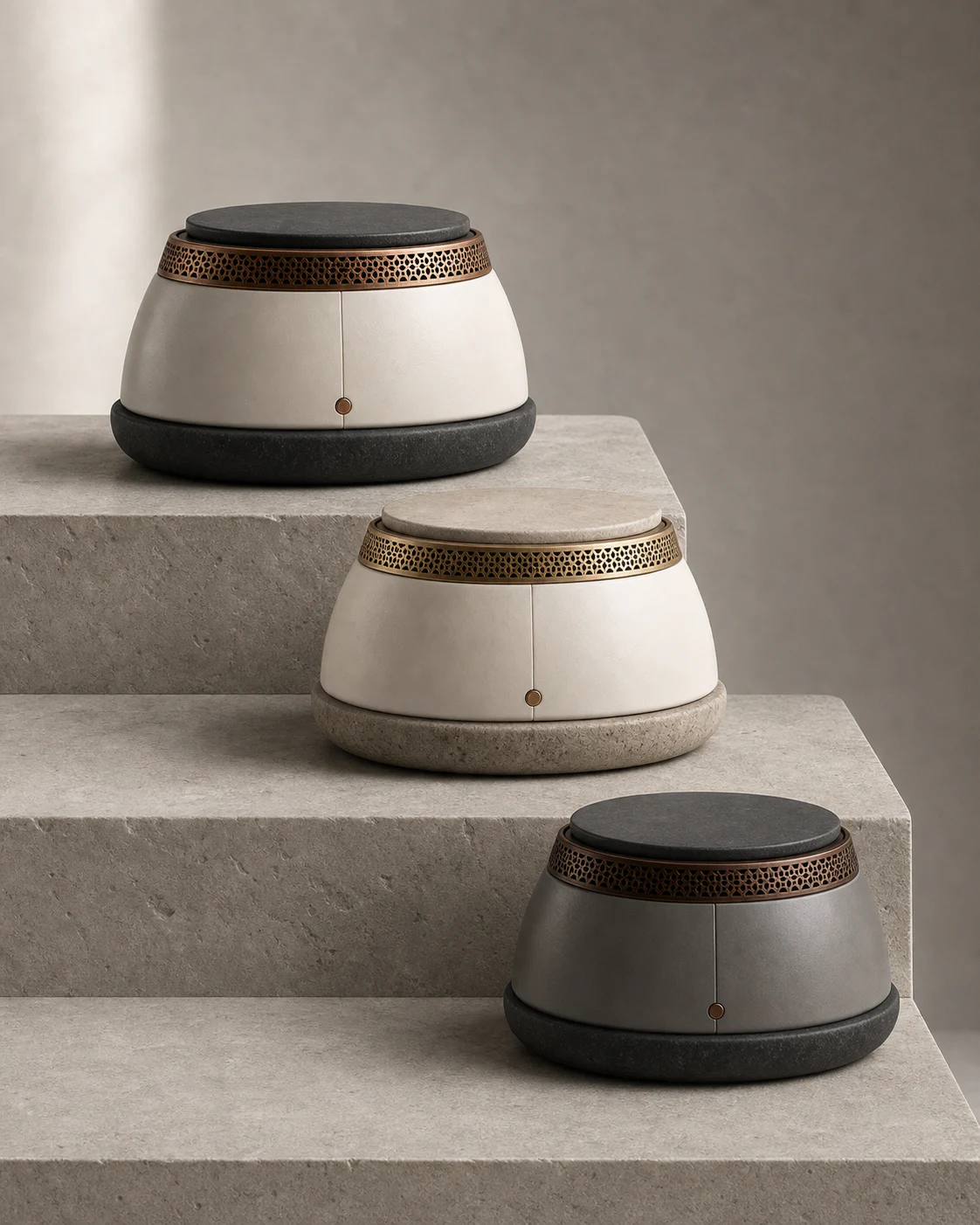 EMBERA Qamar One diffuser shown in coordinated stone, porcelain, and copper finish variations