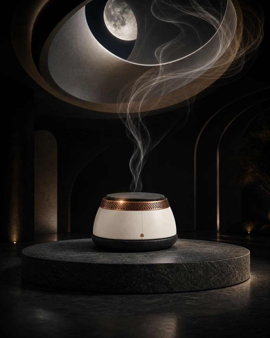 EMBERA Qamar One campaign composition with moonlit halo and aromatic vapor