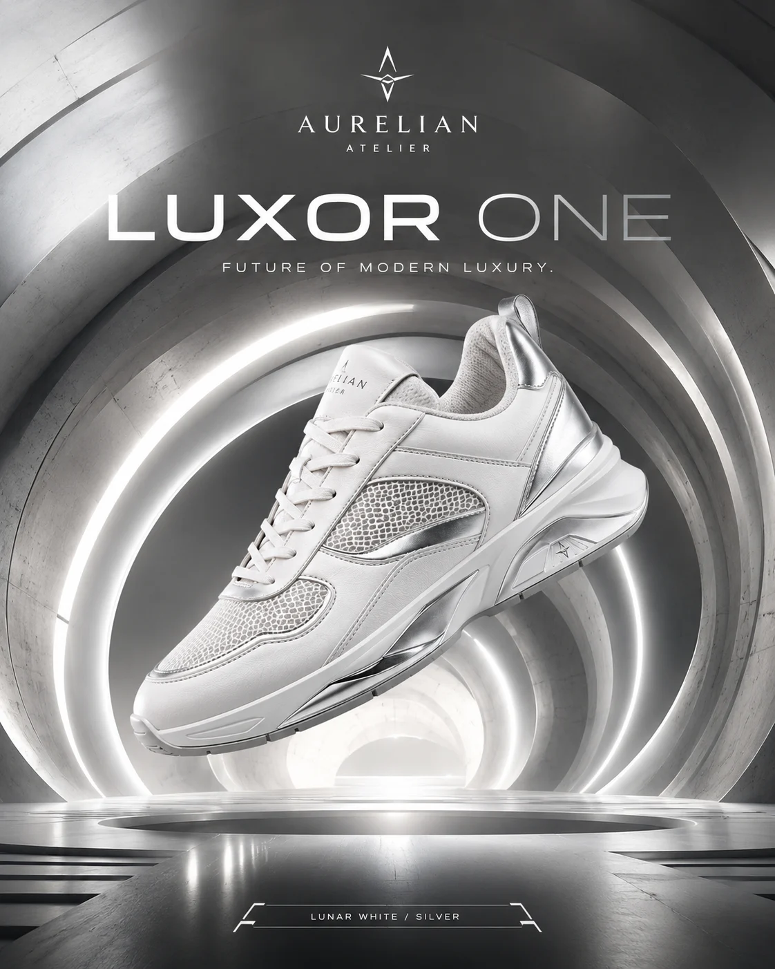 Aurelian silver performance sneaker presented in a clean metallic studio