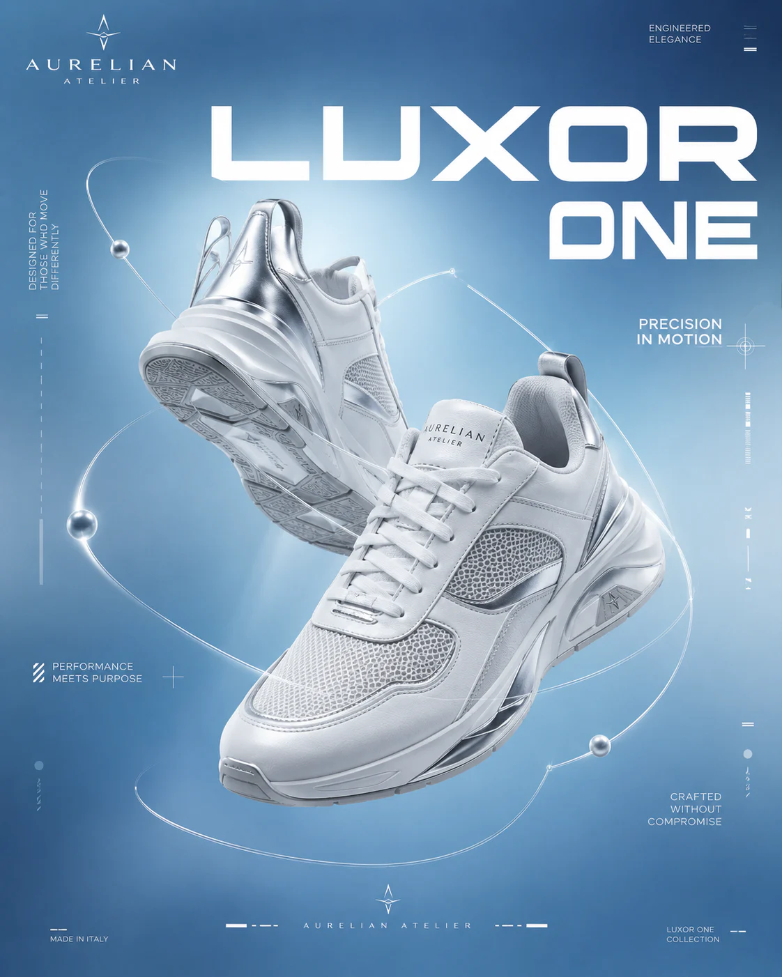 Aurelian Luxor One silver sneaker in a cool blue campaign composition