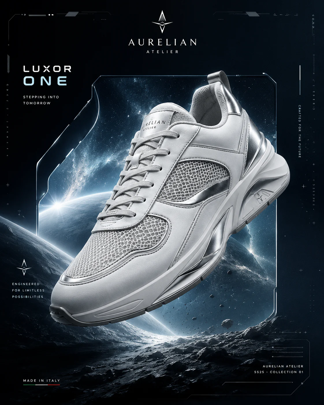 Aurelian performance shoe shown with metallic energy and a futuristic motion environment
