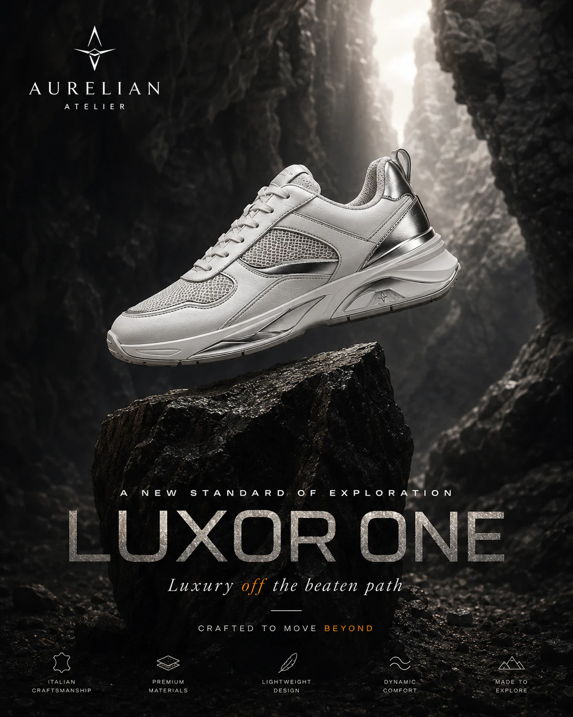Editorial Aurelian Luxor One social poster with silver sneaker and technical graphic language