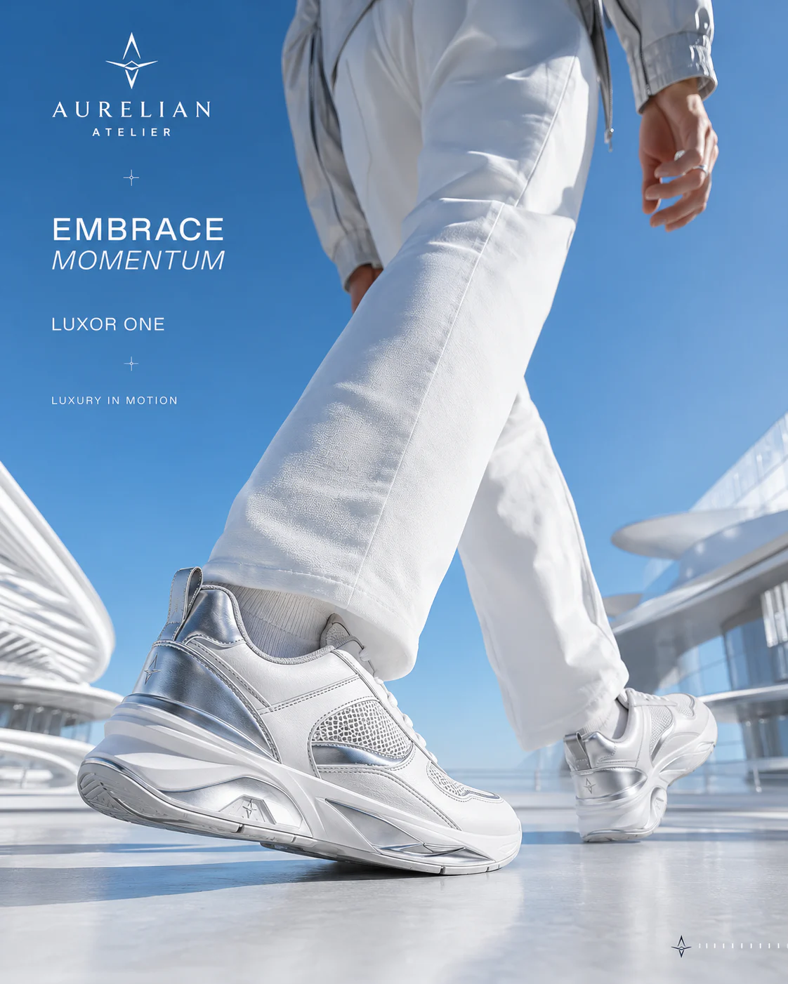 Aurelian sneaker detail emphasizing mesh, metallic overlays, and sculpted sole geometry