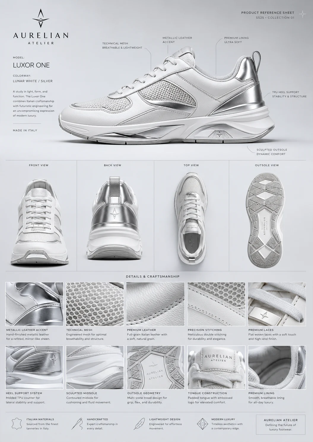 Aurelian Luxor One reference sheet showing the silver performance shoe, materials, and campaign system