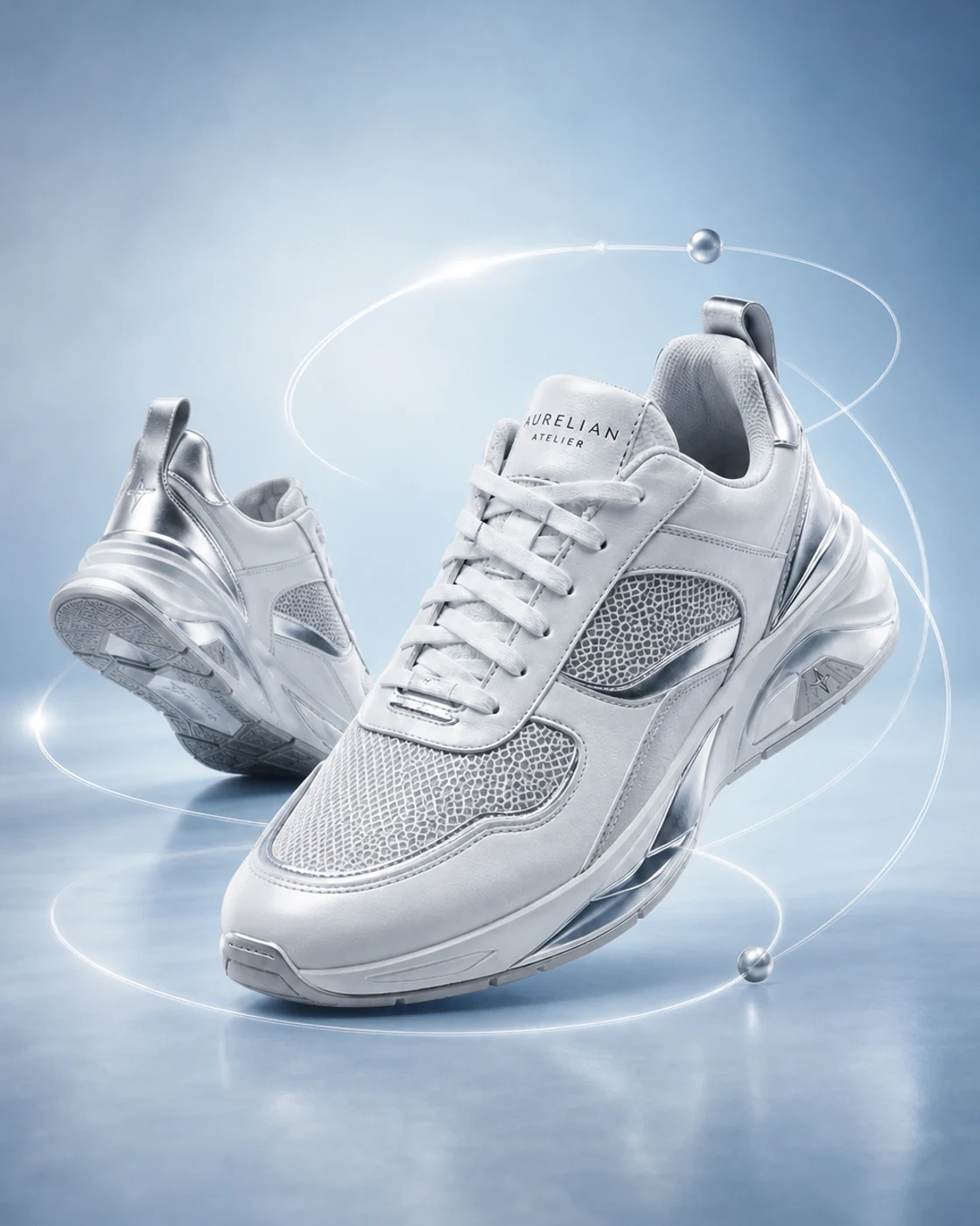 Aurelian Atelier silver performance sneakers in a cool blue studio