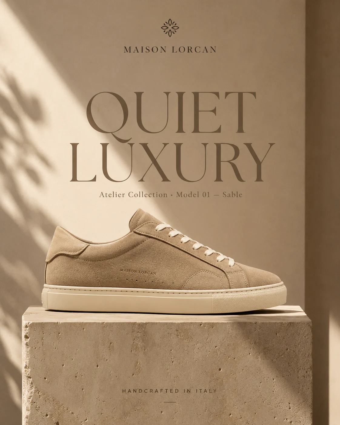 Maison Lorcan sand suede sneaker presented against warm stone