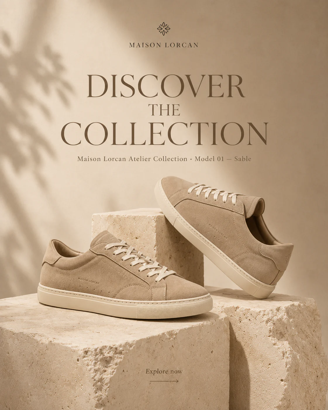 Maison Lorcan suede sneaker campaign frame with cream fabric and warm architectural shadow