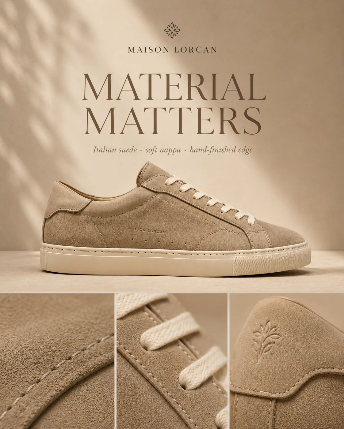 Editorial Maison Lorcan social design using restrained serif typography and sand tones