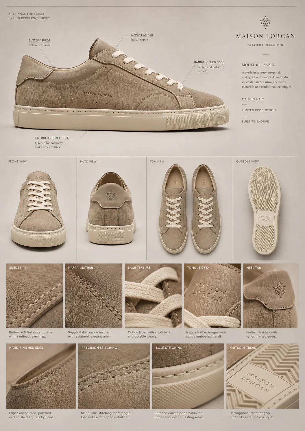 Maison Lorcan reference sheet showing the sand suede sneaker, materials, and quiet-luxury campaign direction