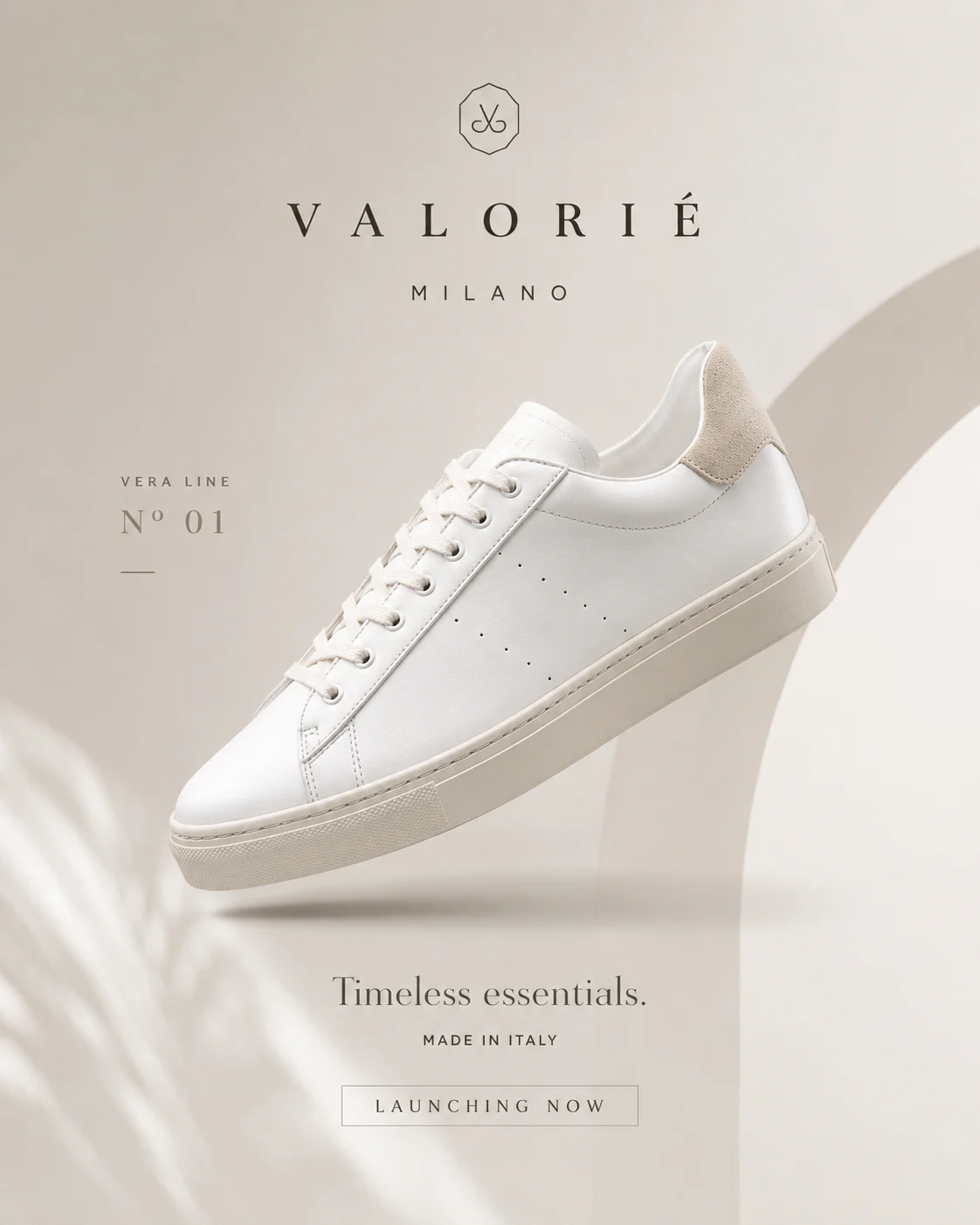 Valorie Milano white leather sneaker presented in pale Italian-inspired architecture