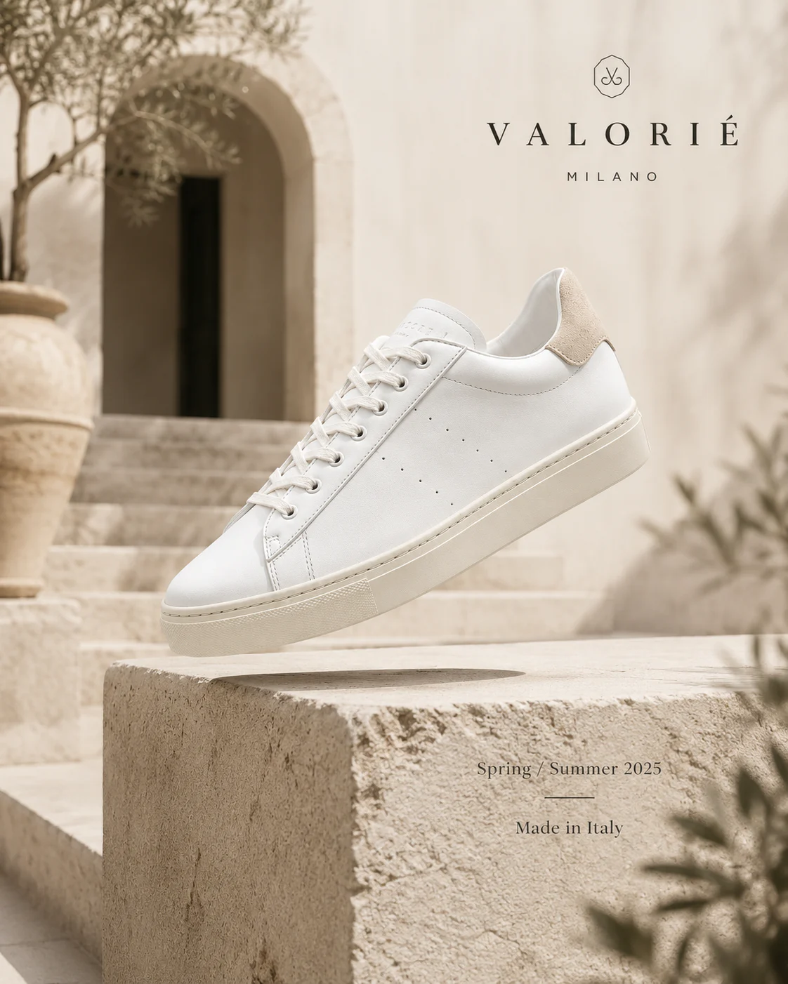 Valorie Milano white sneaker in a bright lifestyle campaign composition
