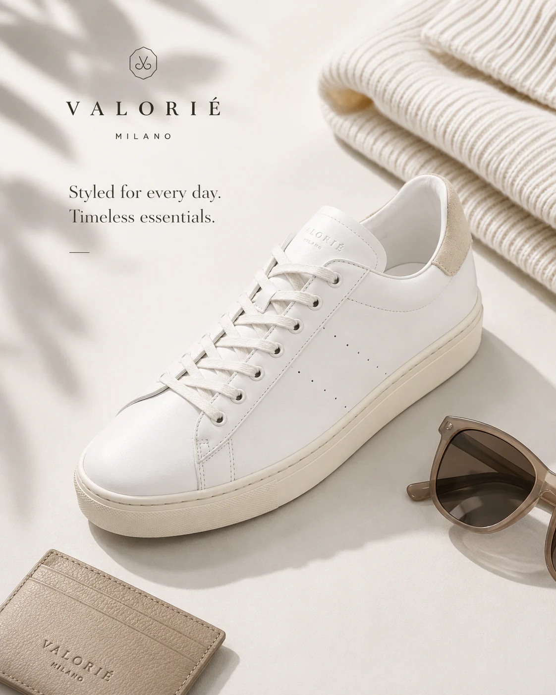Editorial Valorie Milano social design with white sneaker and refined minimal typography
