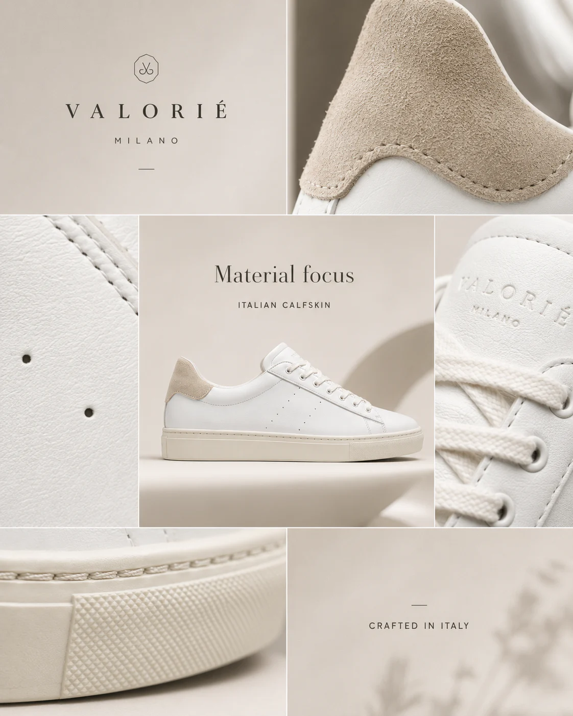 Close view of Valorie Milano white leather, perforation, stitching, and tan heel detail