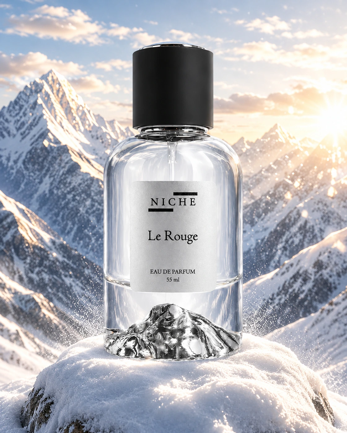 Le Rouge by Niche perfume on a snow-covered rock with sunlit mountains behind it