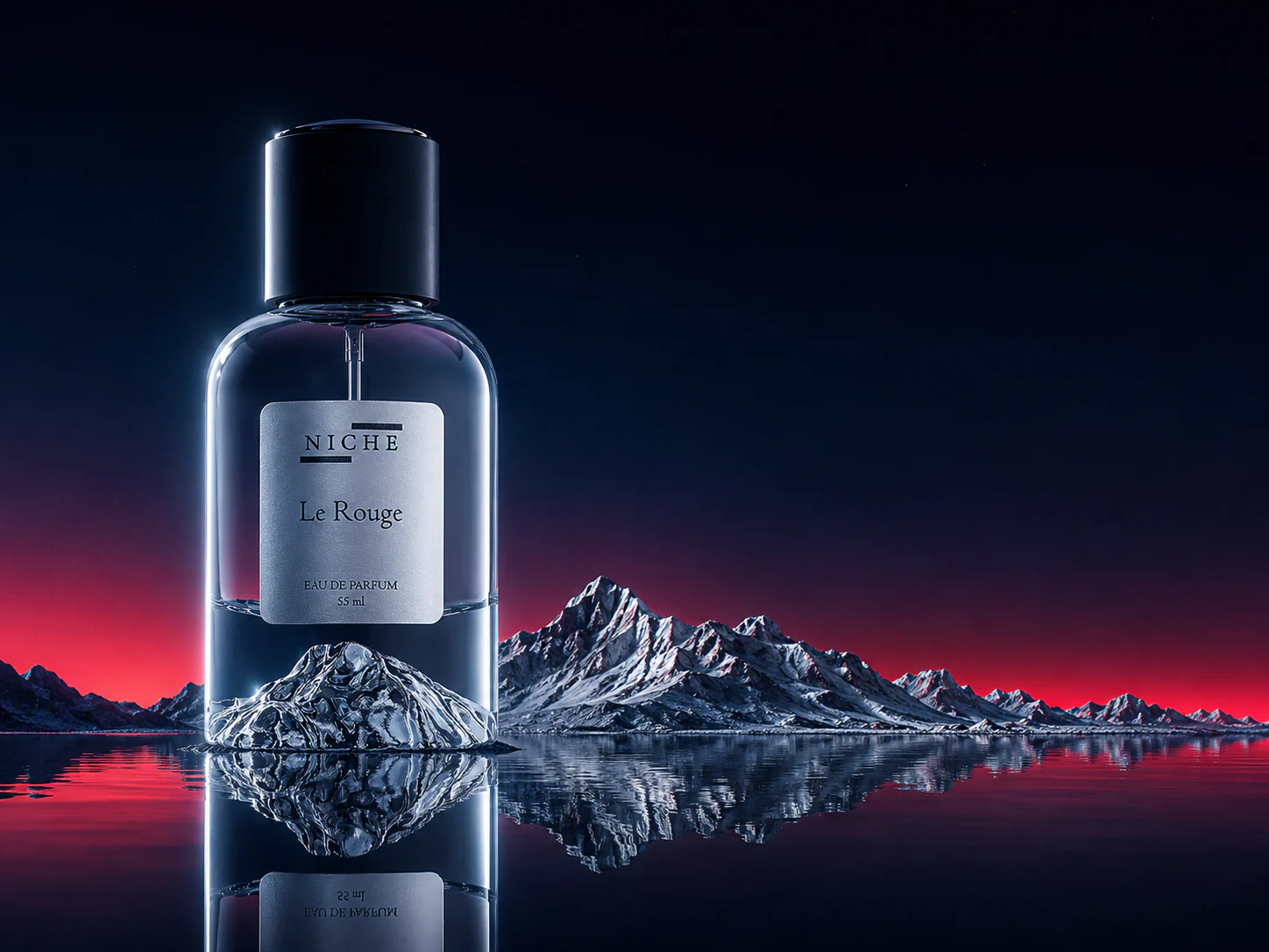 Le Rouge perfume bottle set against a red horizon and dark mountain silhouettes