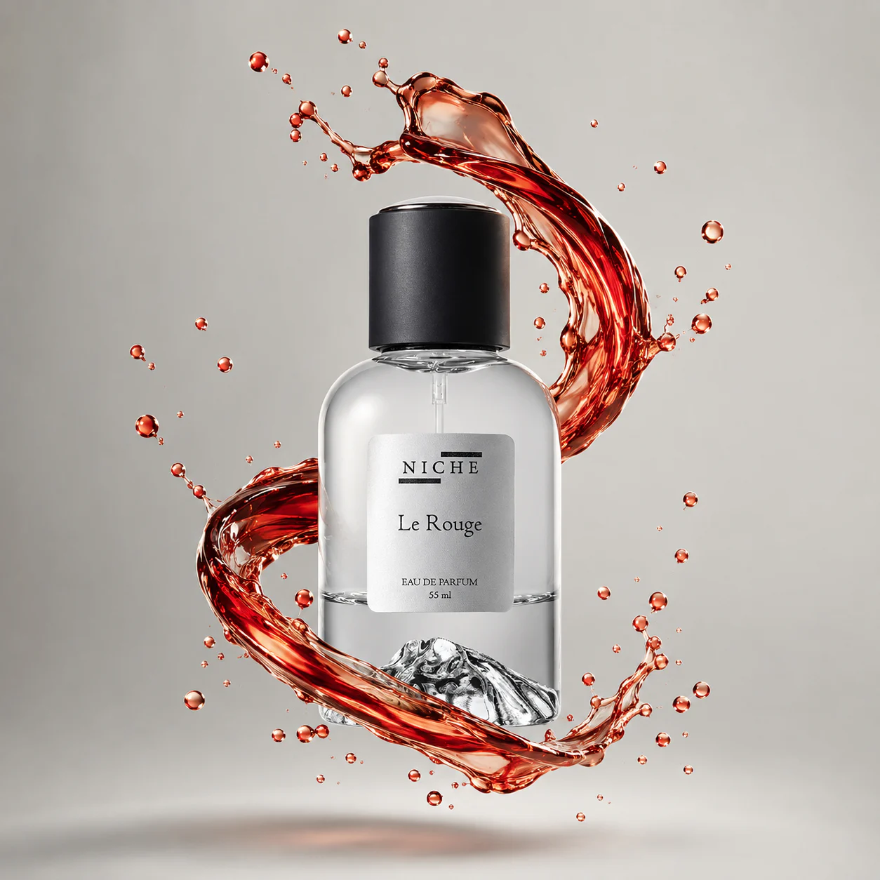 Le Rouge perfume bottle encircled by a flowing red liquid ribbon