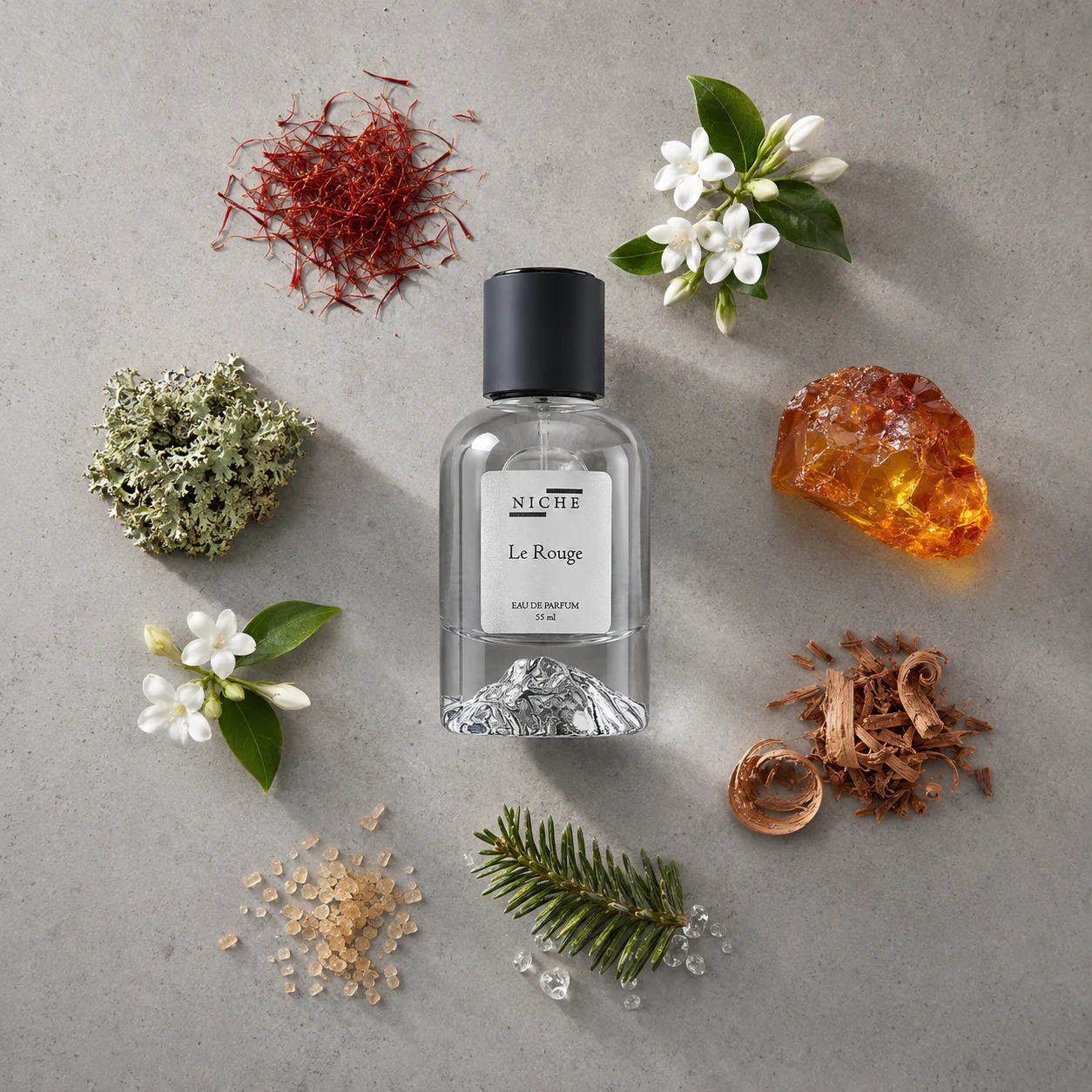 Le Rouge perfume bottle surrounded by saffron, jasmine, amber resin, woods, and moss