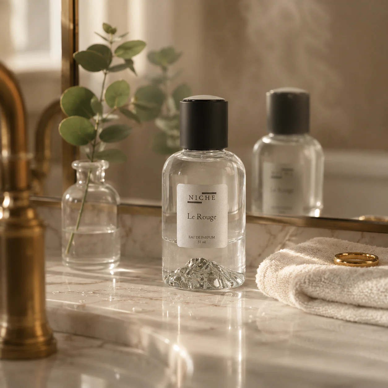 Le Rouge perfume bottle arranged on a warm bathroom vanity with glass and fabric reflections