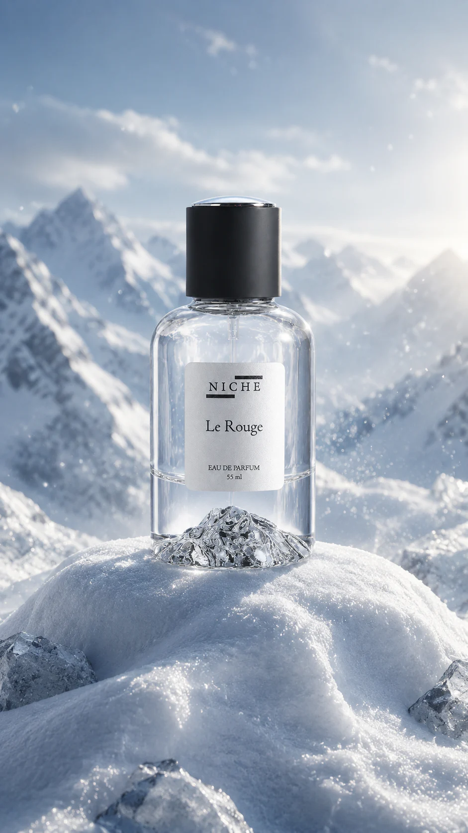 Le Rouge perfume bottle standing in a cold mountain landscape beneath a blue sky