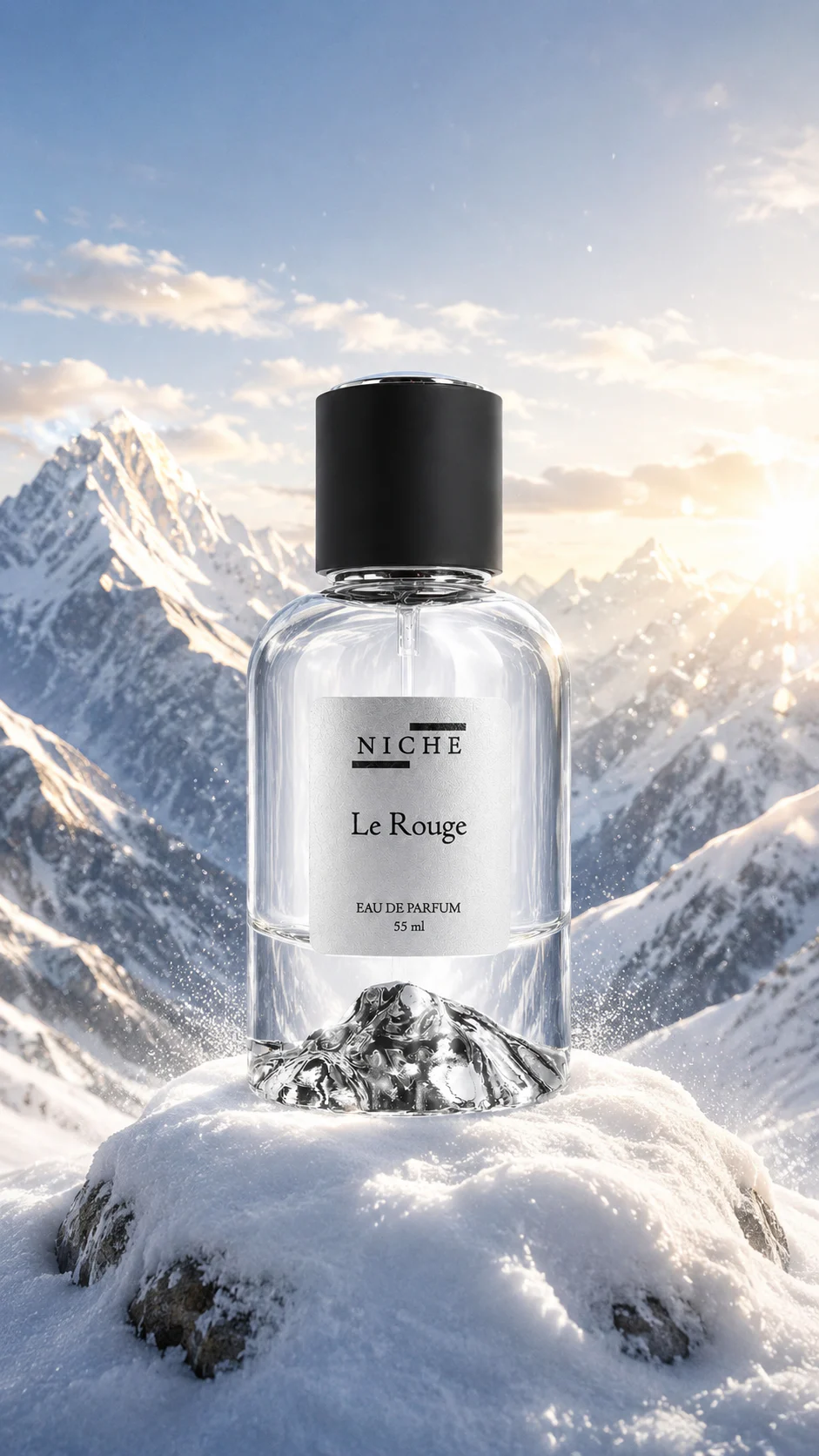 Le Rouge perfume bottle resting on snow with sunlit mountain peaks behind it