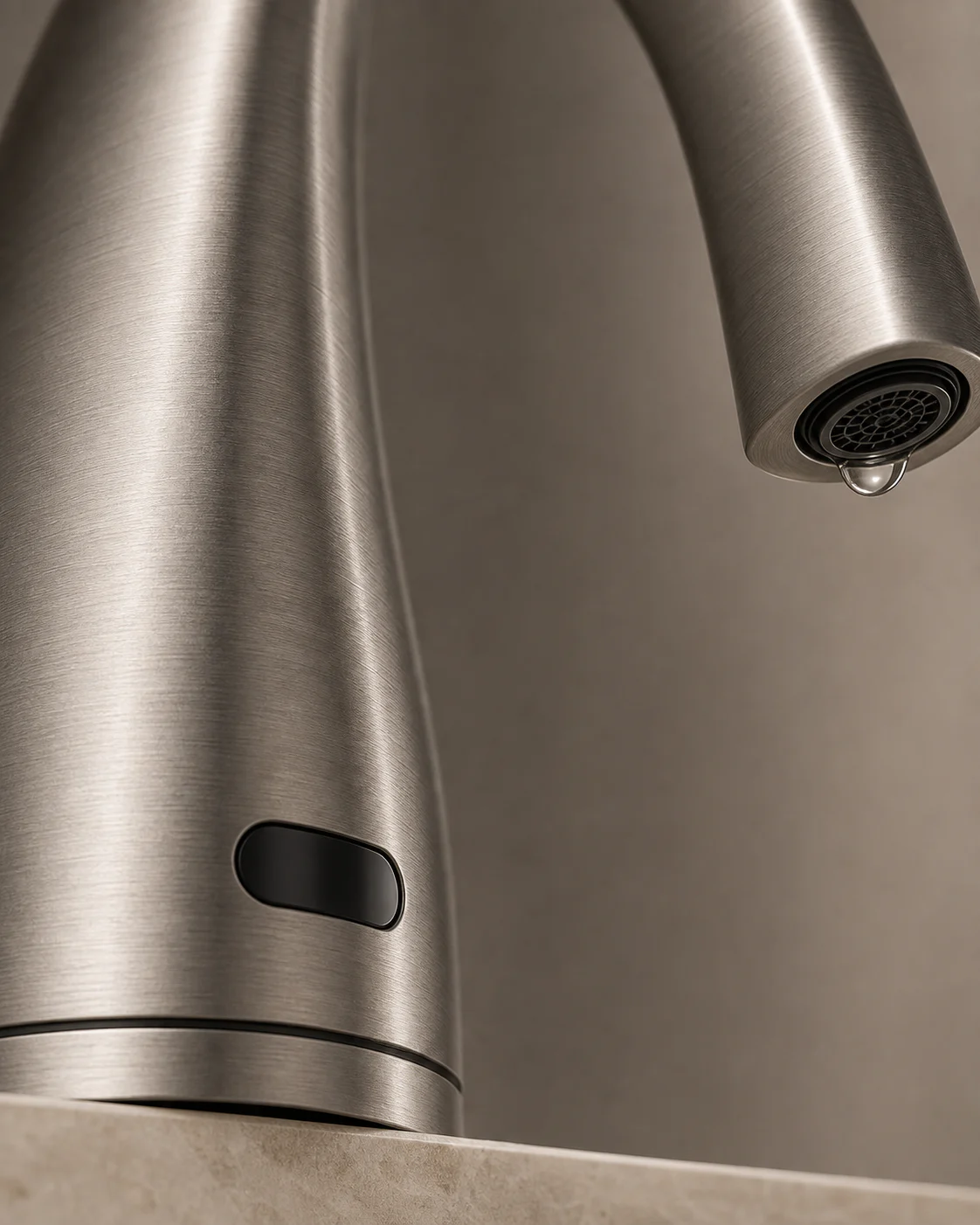 Macro view of the NERAI faucet brushed grain, concealed outlet, and smoked sensor window