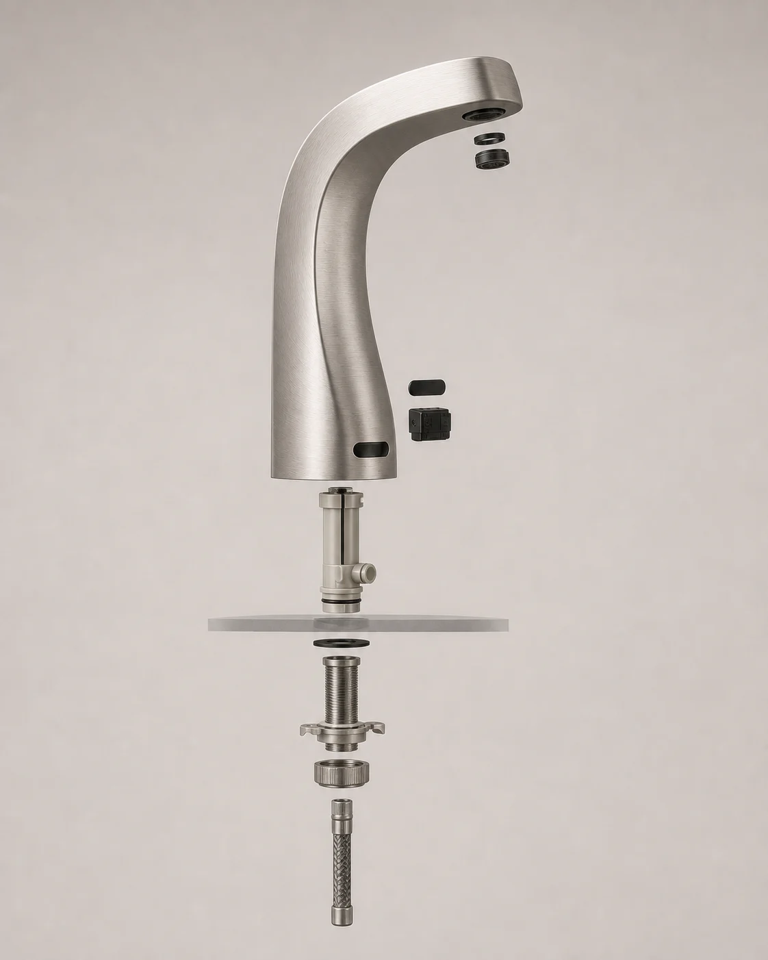 Exploded view of the NERAI Arc Flow 01 faucet body, sensor, flow module, and mounting parts