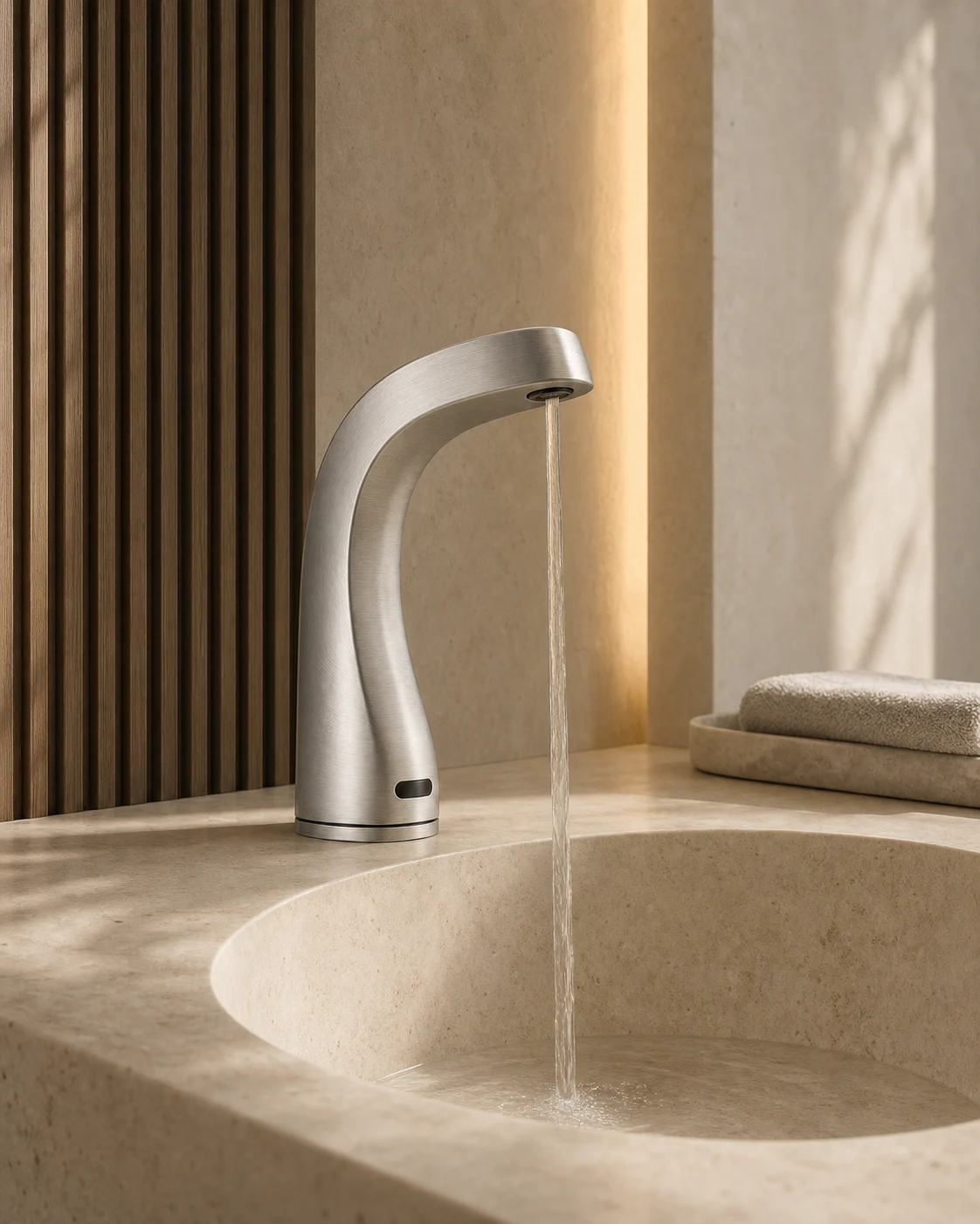 NERAI Arc Flow 01 installed in a calm warm-stone bathroom interior