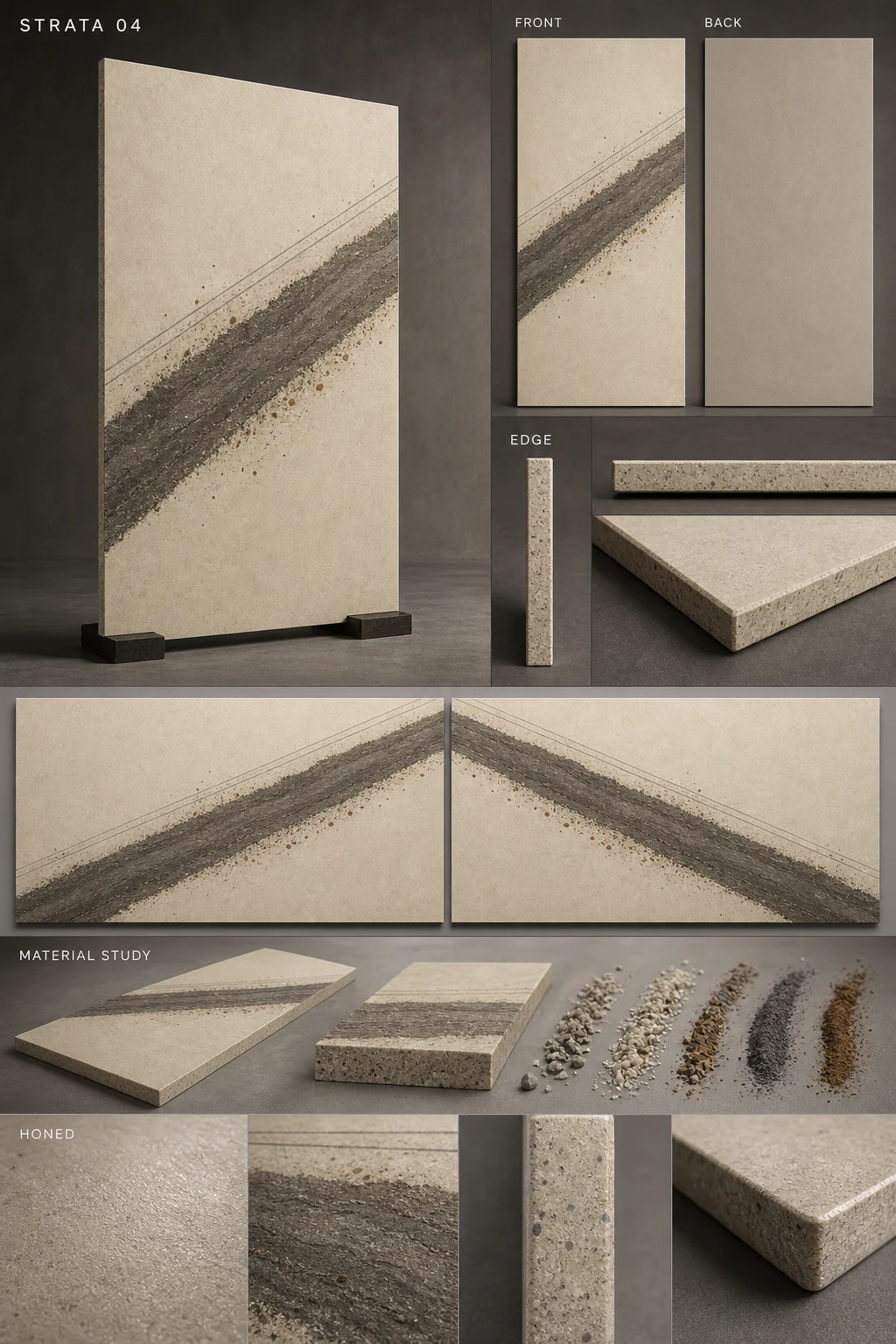 OROSA Strata 04 reference sheet showing the full slab, edge, finish, and mineral pattern