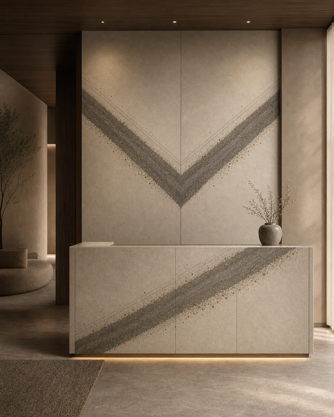 OROSA Strata 04 used as a large architectural plane in a warm modern hospitality interior