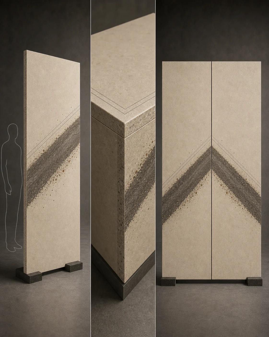 Paired OROSA Strata 04 slabs aligned to show the relationship between their diagonal mineral bands