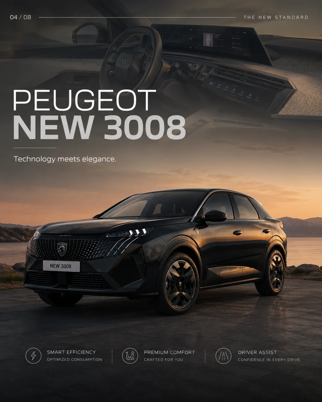 Editorial Peugeot campaign poster connecting artistic brushwork with the 3008 silhouette