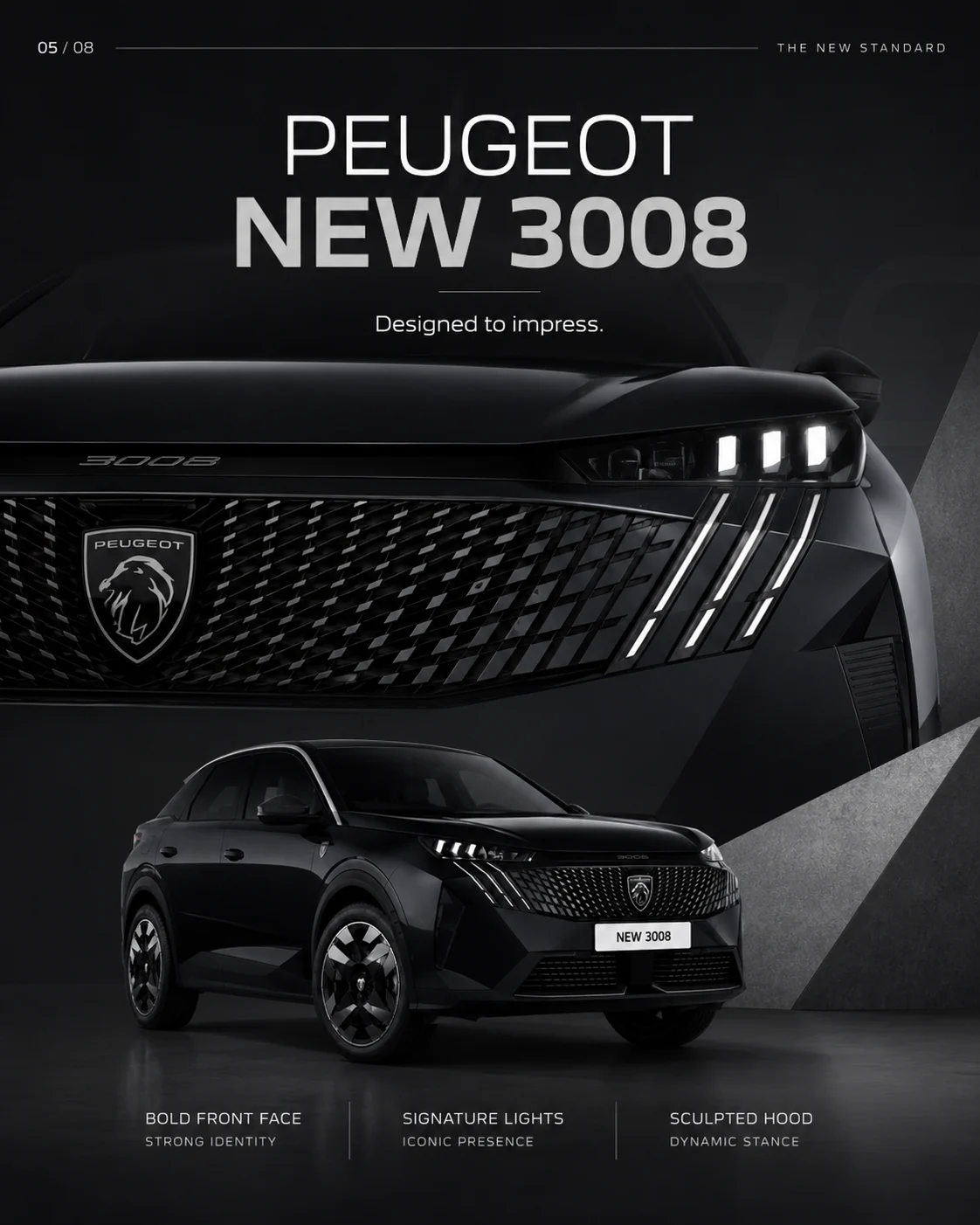Peugeot Art in Motion poster presenting the car as a completed artwork