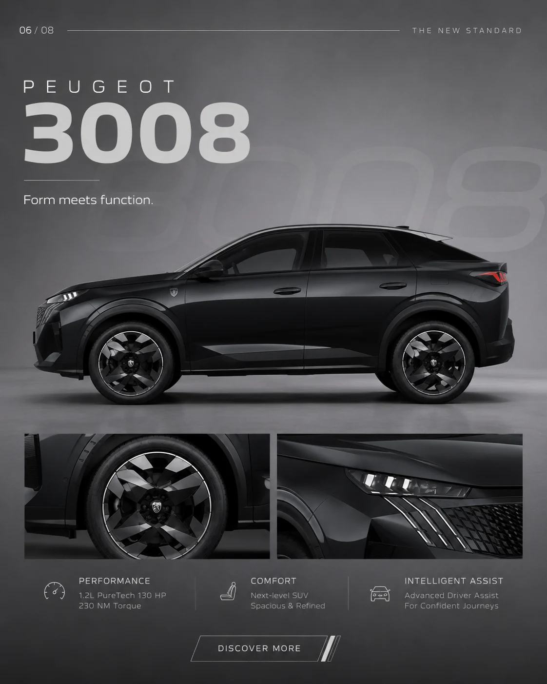 Graphic Peugeot 3008 campaign layout in a restrained graphite and silver palette
