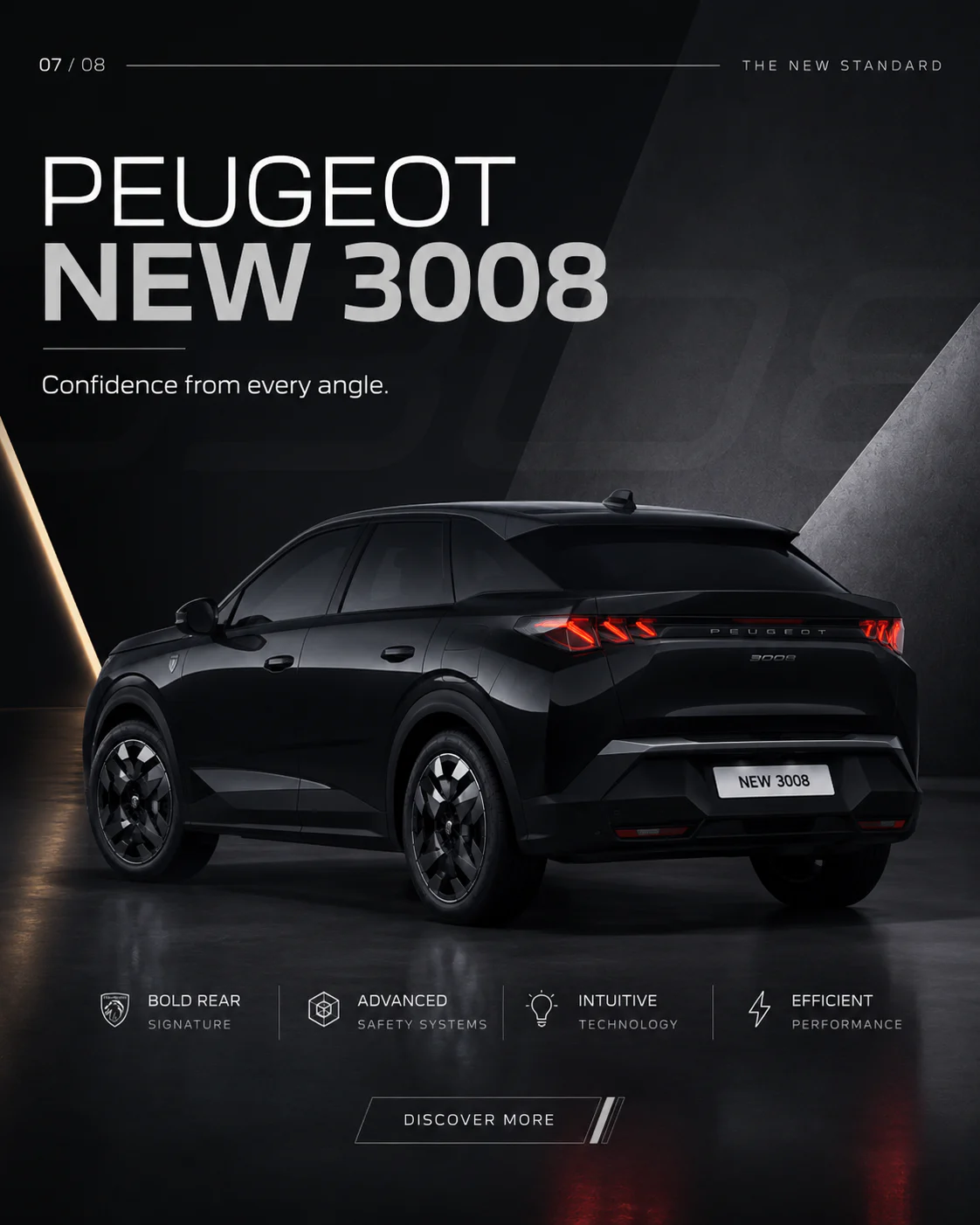 Peugeot campaign design emphasizing the 3008 body, reflections, and precise front lighting