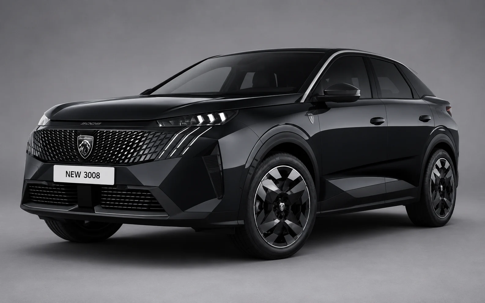 Black Peugeot 3008 isolated against a silver-grey automotive studio background