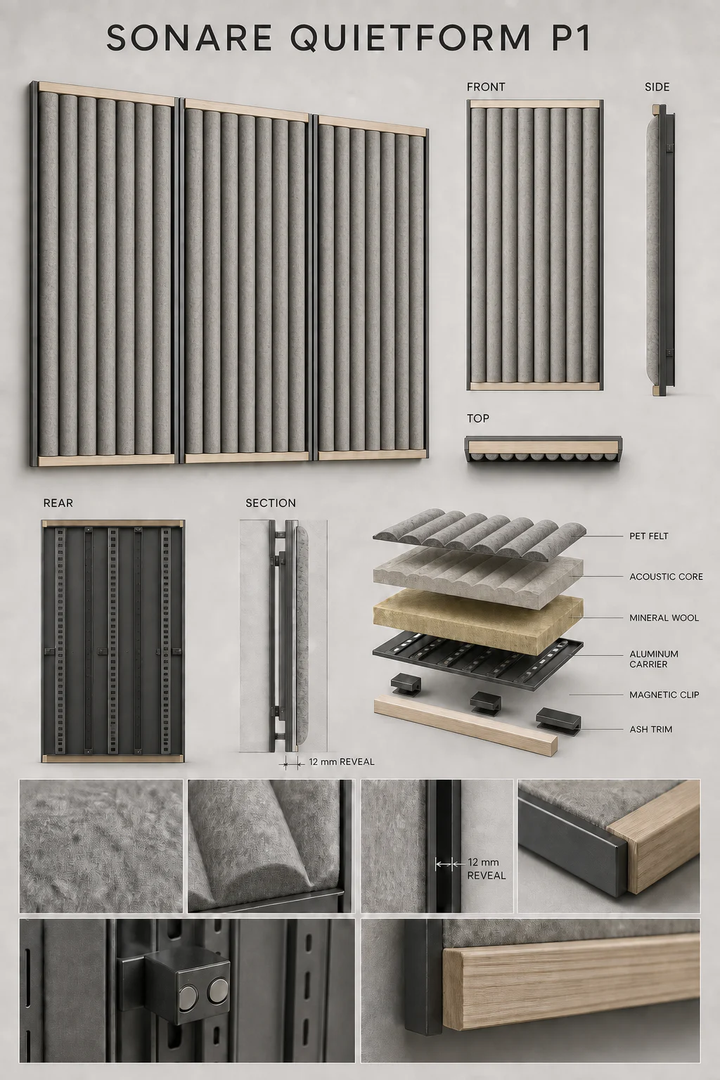 SONARE Quietform P1 reference sheet showing module geometry, felt, backing layers, rails, and finish palette
