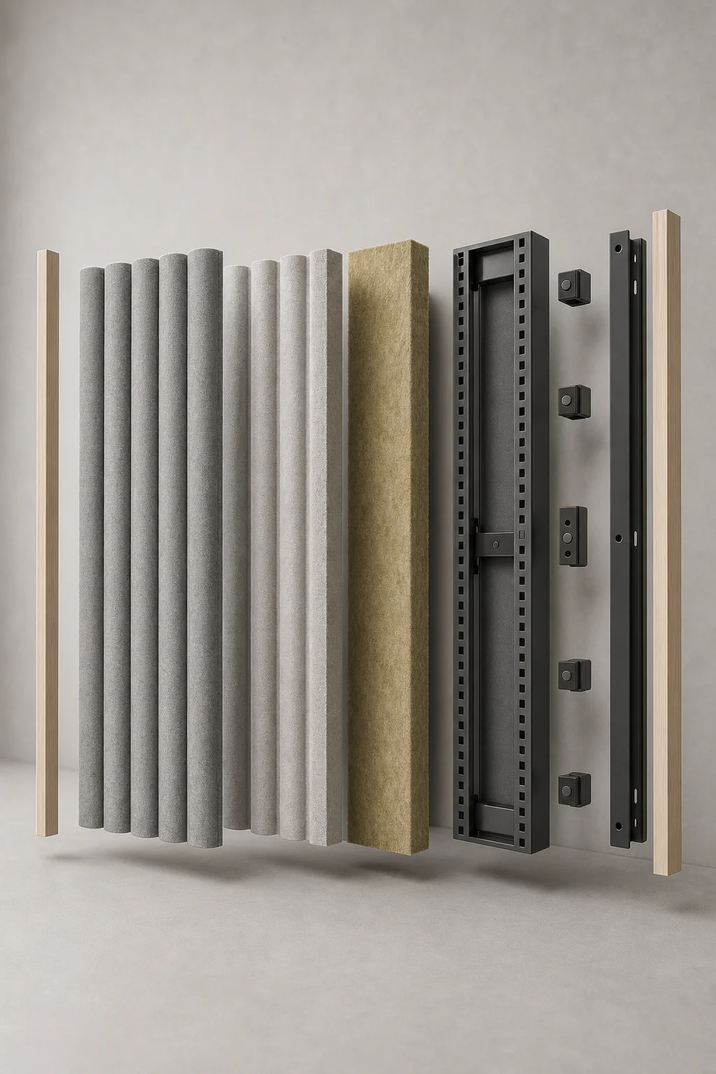 Exploded view of the SONARE acoustic felt, shaped core, backing, carrier, and wall cleat
