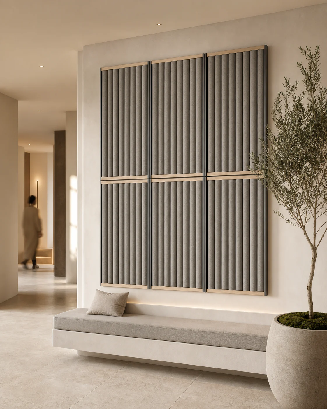 SONARE Quietform P1 acoustic wall installed in a warm hospitality lounge