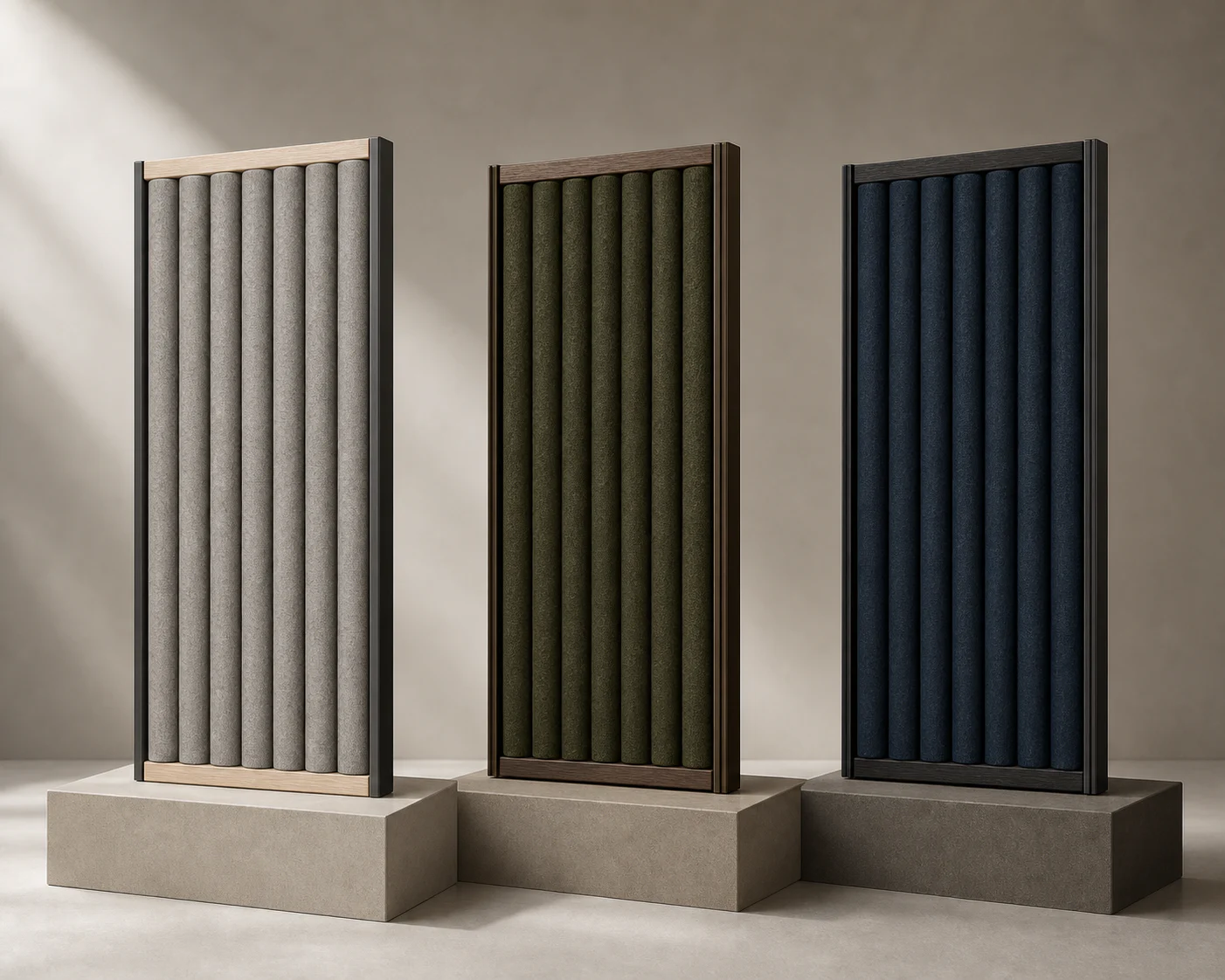 SONARE Quietform P1 modules shown in coordinated warm-grey and natural finish variations