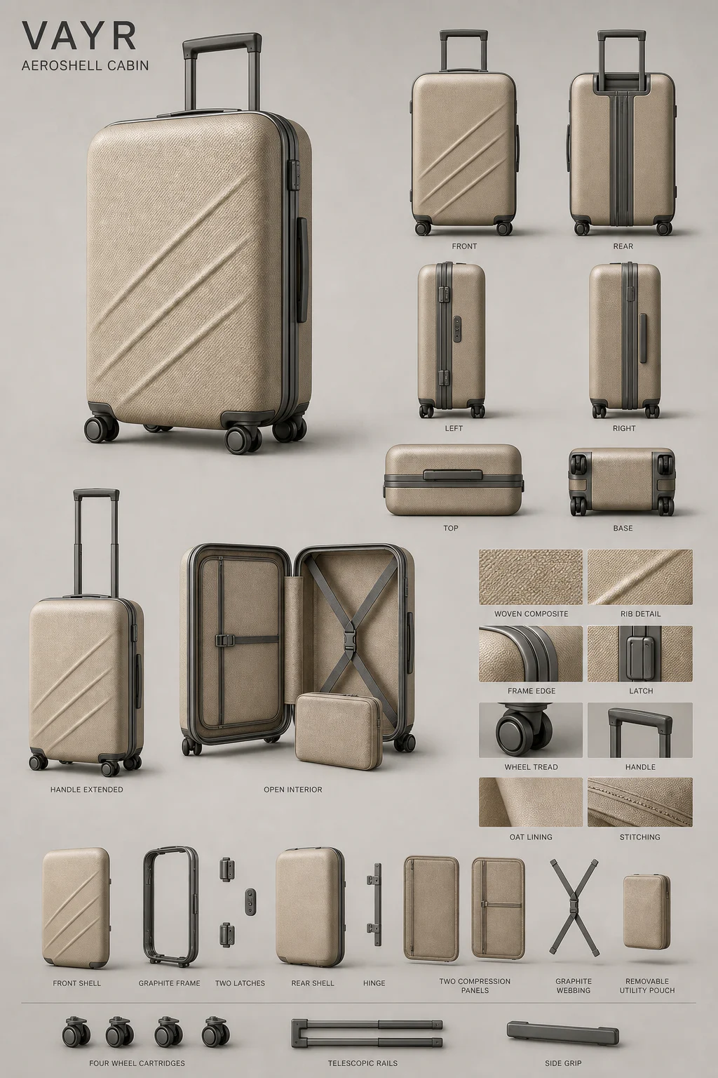 VAYR Aeroshell Cabin reference sheet showing the case, interior, wheels, frame, and material palette